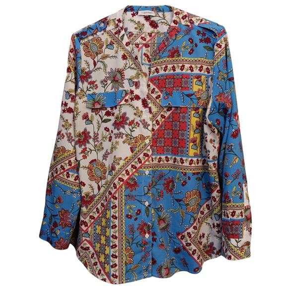 Artsy Colorful‎ Floral V-Neck Button Blouse Top XL Long or 3/4 Roll Tab Sleeves - Picture 10 of 10